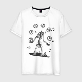 Мужская футболка хлопок с принтом Peace & Music в Кировске, 100% хлопок | прямой крой, круглый вырез горловины, длина до линии бедер, слегка спущенное плечо. | любовь | мир | музыка | ноты | скелет | хиппи | черно белый