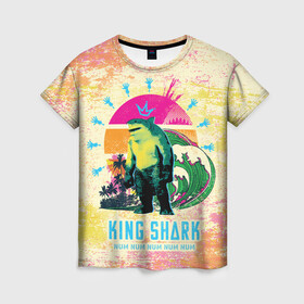 Женская футболка 3D с принтом King Shark в Кировске, 100% полиэфир ( синтетическое хлопкоподобное полотно) | прямой крой, круглый вырез горловины, длина до линии бедер | king shark | nanaue | suicide squad | the suicide squad | vdzabma | кинг шарк | король акул | король акула | нэнуэ