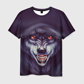 Мужская футболка 3D с принтом СЕРЫЙ ВОЛК 3D в Кировске, 100% полиэфир | прямой крой, круглый вырез горловины, длина до линии бедер | волк | горящие глаза | злость | зубы | капишон | оскал | свирепый | туман | ярость