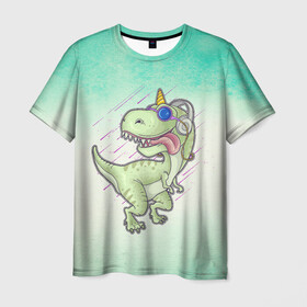 Мужская футболка 3D с принтом Дино в Кировске, 100% полиэфир | прямой крой, круглый вырез горловины, длина до линии бедер | арт | графика | динозавры | животные | звери | музыка | мультяшки | наушники