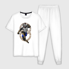 Мужская пижама хлопок с принтом Тайская панда в Кировске, 100% хлопок | брюки и футболка прямого кроя, без карманов, на брюках мягкая резинка на поясе и по низу штанин
 | Тематика изображения на принте: боец | бой | иллюстрация | муай тай | тайский бокс
