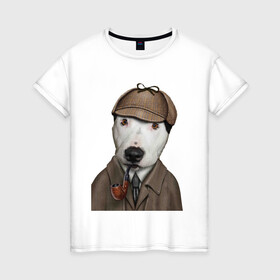 Женская футболка хлопок с принтом Собака Шерлок Холмс в Кировске, 100% хлопок | прямой крой, круглый вырез горловины, длина до линии бедер, слегка спущенное плечо | кепка | собака | трубка | шерлок холмс | щенок