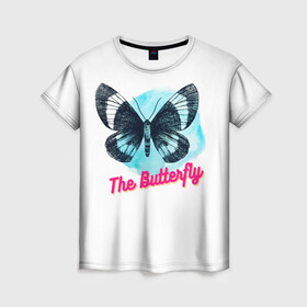Женская футболка 3D с принтом The Butterfly в Кировске, 100% полиэфир ( синтетическое хлопкоподобное полотно) | прямой крой, круглый вырез горловины, длина до линии бедер | бабочка | голубая бабочка | красивое насекомое | прекрасная бабочка | цветок
