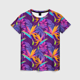 Женская футболка 3D с принтом Тропические листья в Кировске, 100% полиэфир ( синтетическое хлопкоподобное полотно) | прямой крой, круглый вырез горловины, длина до линии бедер | абстракция | листья | паттерн | текстуры | тропики | узоры | цветы