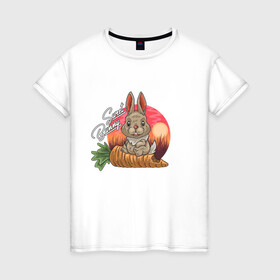 Женская футболка хлопок с принтом Sweet Bunny в Кировске, 100% хлопок | прямой крой, круглый вырез горловины, длина до линии бедер, слегка спущенное плечо | закат | иллюстрация | крольченок | морковь | сладкий кролик