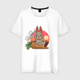 Мужская футболка хлопок с принтом Sweet Bunny в Кировске, 100% хлопок | прямой крой, круглый вырез горловины, длина до линии бедер, слегка спущенное плечо. | Тематика изображения на принте: закат | иллюстрация | крольченок | морковь | сладкий кролик
