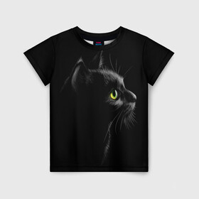 Детская футболка 3D с принтом Черный кот в Кировске, 100% гипоаллергенный полиэфир | прямой крой, круглый вырез горловины, длина до линии бедер, чуть спущенное плечо, ткань немного тянется | взгляд | глаза | киса | киска | кот | котик | котяра | профиль | пушистый | усы