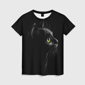Женская футболка 3D с принтом Черный кот в Кировске, 100% полиэфир ( синтетическое хлопкоподобное полотно) | прямой крой, круглый вырез горловины, длина до линии бедер | взгляд | глаза | киса | киска | кот | котик | котяра | профиль | пушистый | усы