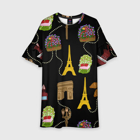 Детское платье 3D с принтом Париж в Кировске, 100% полиэстер | прямой силуэт, чуть расширенный к низу. Круглая горловина, на рукавах — воланы | Тематика изображения на принте: paris | арка | бусы | велик | города | круассан | лето | мулен руж | париж | романтика | сладости | цветы | черный | эйфелева башня | юежевый