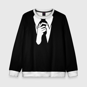 Детский свитшот 3D с принтом Смокинг | Поправляю галстук в Кировске, 100% полиэстер | свободная посадка, прямой крой, мягкая тканевая резинка на рукавах и понизу свитшота | анонимус. | галстук | люди в чёрном | минимализм | рубашка | строгость