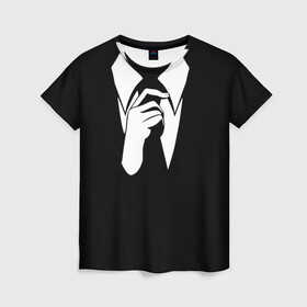 Женская футболка 3D с принтом Смокинг | Поправляю галстук в Кировске, 100% полиэфир ( синтетическое хлопкоподобное полотно) | прямой крой, круглый вырез горловины, длина до линии бедер | анонимус. | галстук | люди в чёрном | минимализм | рубашка | строгость