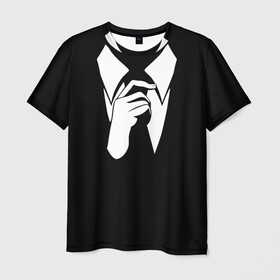 Мужская футболка 3D с принтом Смокинг | Поправляю галстук в Кировске, 100% полиэфир | прямой крой, круглый вырез горловины, длина до линии бедер | Тематика изображения на принте: анонимус. | галстук | люди в чёрном | минимализм | рубашка | строгость