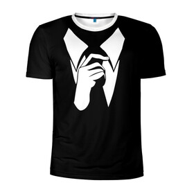 Мужская футболка 3D спортивная с принтом Смокинг | Поправляю галстук в Кировске, 100% полиэстер с улучшенными характеристиками | приталенный силуэт, круглая горловина, широкие плечи, сужается к линии бедра | анонимус. | галстук | люди в чёрном | минимализм | рубашка | строгость