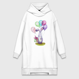 Платье-худи хлопок с принтом Зай с шариками в Кировске,  |  | birthday | bunny | gift | lilac | pink | spring | summer | watercolor | акварель | воздушныешары | деньрождения | зайчик | подарок | праздник | розовый | сиреневый