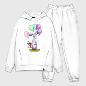 Мужской костюм хлопок OVERSIZE с принтом Зай с шариками в Кировске,  |  | birthday | bunny | gift | lilac | pink | spring | summer | watercolor | акварель | воздушныешары | деньрождения | зайчик | подарок | праздник | розовый | сиреневый