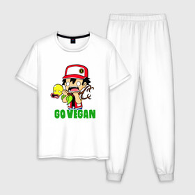 Мужская пижама хлопок с принтом Go Vegan в Кировске, 100% хлопок | брюки и футболка прямого кроя, без карманов, на брюках мягкая резинка на поясе и по низу штанин
 | Тематика изображения на принте: green | greenpaece | nature | sport | vegan | yoga | веган | вегетарианец | гринпис | еда | животные | жизнь | здоровье | зеленый | йога | мир | овощи | пища | планета | природа | растение | спорт | тело | фрукты