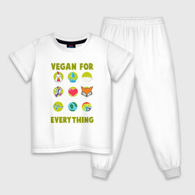 Детская пижама хлопок с принтом Vegan For Everything в Кировске, 100% хлопок |  брюки и футболка прямого кроя, без карманов, на брюках мягкая резинка на поясе и по низу штанин
 | Тематика изображения на принте: green | greenpaece | nature | sport | vegan | yoga | веган | вегетарианец | гринпис | еда | животные | жизнь | здоровье | зеленый | йога | мир | овощи | пища | планета | природа | растение | спорт | тело | фрукты