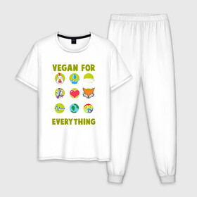 Мужская пижама хлопок с принтом Vegan For Everything в Кировске, 100% хлопок | брюки и футболка прямого кроя, без карманов, на брюках мягкая резинка на поясе и по низу штанин
 | Тематика изображения на принте: green | greenpaece | nature | sport | vegan | yoga | веган | вегетарианец | гринпис | еда | животные | жизнь | здоровье | зеленый | йога | мир | овощи | пища | планета | природа | растение | спорт | тело | фрукты