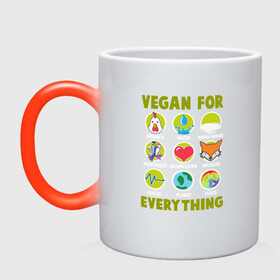 Кружка хамелеон с принтом Vegan For Everything в Кировске, керамика | меняет цвет при нагревании, емкость 330 мл | Тематика изображения на принте: green | greenpaece | nature | sport | vegan | yoga | веган | вегетарианец | гринпис | еда | животные | жизнь | здоровье | зеленый | йога | мир | овощи | пища | планета | природа | растение | спорт | тело | фрукты