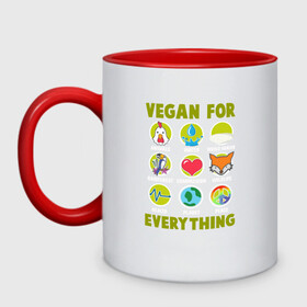 Кружка двухцветная с принтом Vegan For Everything в Кировске, керамика | объем — 330 мл, диаметр — 80 мм. Цветная ручка и кайма сверху, в некоторых цветах — вся внутренняя часть | Тематика изображения на принте: green | greenpaece | nature | sport | vegan | yoga | веган | вегетарианец | гринпис | еда | животные | жизнь | здоровье | зеленый | йога | мир | овощи | пища | планета | природа | растение | спорт | тело | фрукты