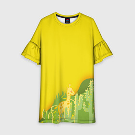 Детское платье 3D с принтом Милый жираф в кактусах в Кировске, 100% полиэстер | прямой силуэт, чуть расширенный к низу. Круглая горловина, на рукавах — воланы | животные | жираф | кактусы | лето | листва | милые | мультик | солнечный | яркий