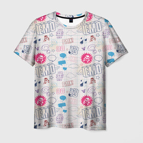 Мужская футболка 3D с принтом Граффити-школьная тетрадь в Кировске, 100% полиэфир | прямой крой, круглый вырез горловины, длина до линии бедер | 2007 | граффити | емо | знаки | паттерн | тетрадная клетка | цифры | череп | эмо