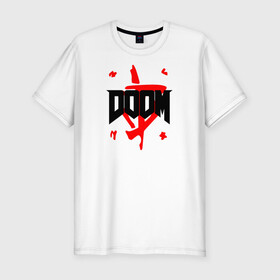 Мужская футболка хлопок Slim с принтом DOOM (2 ЛОГО) в Кировске, 92% хлопок, 8% лайкра | приталенный силуэт, круглый вырез ворота, длина до линии бедра, короткий рукав | doom | doom eternal | doom monster | eternal | дум | дуум