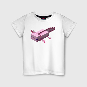 Детская футболка хлопок с принтом Аксолотль | Axolotl в Кировске, 100% хлопок | круглый вырез горловины, полуприлегающий силуэт, длина до линии бедер | Тематика изображения на принте: minecraft | аксолотль | морское животное | розовый | рыба
