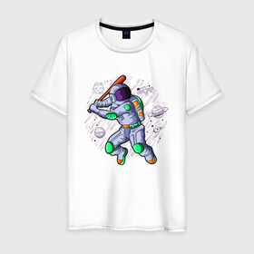 Мужская футболка хлопок с принтом Астробол в Кировске, 100% хлопок | прямой крой, круглый вырез горловины, длина до линии бедер, слегка спущенное плечо. | астронавт | бейсбол | бита | звёзды | иллюстрация