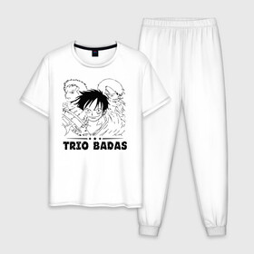 Мужская пижама хлопок с принтом TRIO BADAS One Piece в Кировске, 100% хлопок | брюки и футболка прямого кроя, без карманов, на брюках мягкая резинка на поясе и по низу штанин
 | anime | manga | monkey d. luffy | one piece | vinsmoke sanji | zoro roronoa | аниме | большой куш | ван пис | винсмок санджи | вон пис | король пиратов | луфи | луффи | манга | манки д. луффи | пират | ророноа зоро | соломенная шляпа