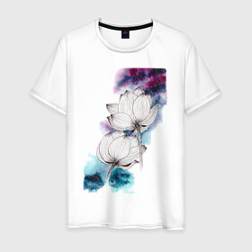 Мужская футболка хлопок с принтом Лотосы и космос в Кировске, 100% хлопок | прямой крой, круглый вырез горловины, длина до линии бедер, слегка спущенное плечо. | акварель | галактика | графика | звезды | космос | лотосы | цветы