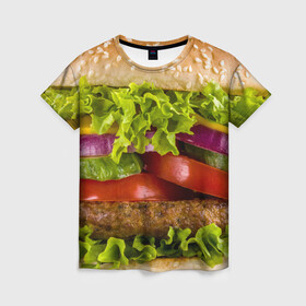 Женская футболка 3D с принтом Бургер в Кировске, 100% полиэфир ( синтетическое хлопкоподобное полотно) | прямой крой, круглый вырез горловины, длина до линии бедер | биг мак | бигмак | бургер | мясо | салат | чизбургер