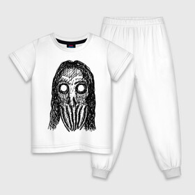 Детская пижама хлопок с принтом Череп с волосами и щупальцами в Кировске, 100% хлопок |  брюки и футболка прямого кроя, без карманов, на брюках мягкая резинка на поясе и по низу штанин
 | dead | halloween | horror | lovecraft | skull | suspense | witch | zombie