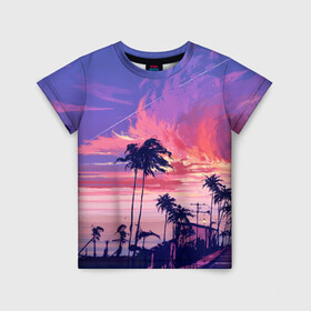Детская футболка 3D с принтом Пейзаж в Кировске, 100% гипоаллергенный полиэфир | прямой крой, круглый вырез горловины, длина до линии бедер, чуть спущенное плечо, ткань немного тянется | америка | закат | летний | лето | майами | море | пальмы | пейзаж | пляж | рассвет