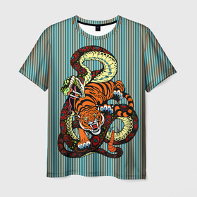 Мужская футболка 3D с принтом Тигры Змея Полосы в Кировске, 100% полиэфир | прямой крой, круглый вырез горловины, длина до линии бедер | beast | fight | snake | tiger | борьба | животные | звери | змеи | зубы | когти | кошки | полосатый | полосы | тигры | узор
