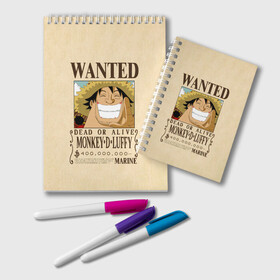 Блокнот с принтом WANTED Monkey D. Luffy в Кировске, 100% бумага | 48 листов, плотность листов — 60 г/м2, плотность картонной обложки — 250 г/м2. Листы скреплены удобной пружинной спиралью. Цвет линий — светло-серый
 | Тематика изображения на принте: anime | manga | monkey d. luffy | one piece | аниме | большой куш | ван пис | вон пис | гол д. роджер | кайдо | король пиратов | луфи | луффи | манга | манки д. луффи | нами | нико робин | пират | портгас д. эйс | ророноа зоро