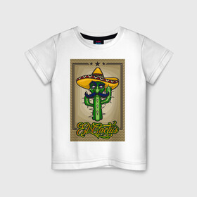 Детская футболка хлопок с принтом El Cactus - Кактус Мексиканец в Кировске, 100% хлопок | круглый вырез горловины, полуприлегающий силуэт, длина до линии бедер | cactus | green | humour | mexico | mustache | sand | vegan | vegetable | vegetarian | арт | жара | кактус | комикс | лето | мексика | персонаж | пустыня | сомбреро | усы