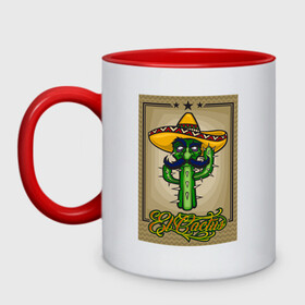 Кружка двухцветная с принтом El Cactus - Кактус Мексиканец в Кировске, керамика | объем — 330 мл, диаметр — 80 мм. Цветная ручка и кайма сверху, в некоторых цветах — вся внутренняя часть | Тематика изображения на принте: cactus | green | humour | mexico | mustache | sand | vegan | vegetable | vegetarian | арт | жара | кактус | комикс | лето | мексика | персонаж | пустыня | сомбреро | усы