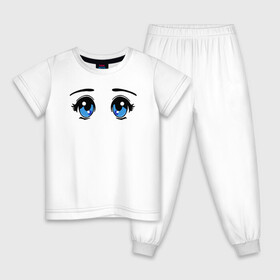 Детская пижама хлопок с принтом Глазки аниме в Кировске, 100% хлопок |  брюки и футболка прямого кроя, без карманов, на брюках мягкая резинка на поясе и по низу штанин
 | anime | baby | blue | cartoon | cute | emoji | emotion | eyes | face | kawaii | аниме | большие глаза | брови | взгляд | глаза | глазки | голубые глаза | детям | зрачок | каваи | кавайный | лицо | малыш | милый взгляд | мультяшный | очи