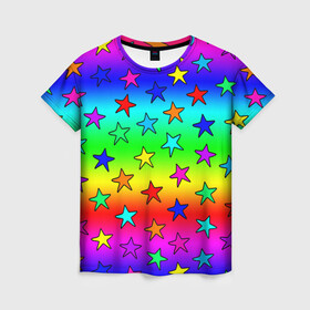 Женская футболка 3D с принтом Радужные звезды в Кировске, 100% полиэфир ( синтетическое хлопкоподобное полотно) | прямой крой, круглый вырез горловины, длина до линии бедер | baby | children | girl | gradient | kids | neon | rainbow | space | stars | градиент | девчачие | девчачье | детские | детский рисунок | звездочки | звезды | космос | красочные | малышам | неоновые | ночные | радуга | разноцветные