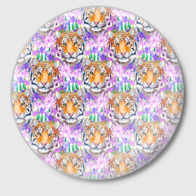 Значок с принтом Тигр в цветах в Кировске,  металл | круглая форма, металлическая застежка в виде булавки | абстракция | крупная кошка | паттерн | текстуры | тигр | тигры | узоры