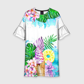 Детское платье 3D с принтом Тропический рай с мороженым в Кировске, 100% полиэстер | прямой силуэт, чуть расширенный к низу. Круглая горловина, на рукавах — воланы | акварель | ананас | жаркие страны | летный отдых | лето | листья | море | мороженое | отдых | растения | сладости | тропики | тропический рай | цветы | экзотика