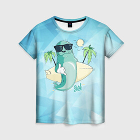 Женская футболка 3D с принтом Surf в Кировске, 100% полиэфир ( синтетическое хлопкоподобное полотно) | прямой крой, круглый вырез горловины, длина до линии бедер | арт | графика | животные | лето | морской котик | пальмы | сёрфинг