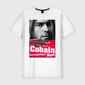 Мужская футболка хлопок Slim с принтом In memory of Kurt Cobain в Кировске, 92% хлопок, 8% лайкра | приталенный силуэт, круглый вырез ворота, длина до линии бедра, короткий рукав | Тематика изображения на принте: cobain | grunge | kurt | kurt cobain | nirvana | грандж | кобейн | курт | курт кобейн | нирвана | рок