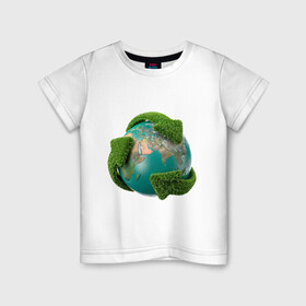 Детская футболка хлопок с принтом Чистая планета в Кировске, 100% хлопок | круглый вырез горловины, полуприлегающий силуэт, длина до линии бедер | Тематика изображения на принте: зеленая планета | переработка | планета | сортировка | сортировка мусора | стрелочки | чистая планета | экология