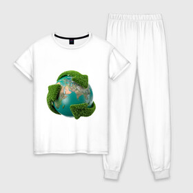 Женская пижама хлопок с принтом Чистая планета в Кировске, 100% хлопок | брюки и футболка прямого кроя, без карманов, на брюках мягкая резинка на поясе и по низу штанин | зеленая планета | переработка | планета | сортировка | сортировка мусора | стрелочки | чистая планета | экология