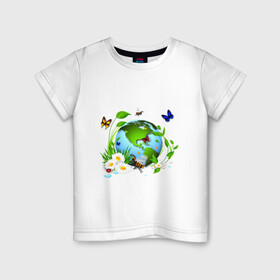Детская футболка хлопок с принтом Чистая планета в Кировске, 100% хлопок | круглый вырез горловины, полуприлегающий силуэт, длина до линии бедер | бабочка | бабочки | зеленая планета | зелень | земля | листья | оса | планета | пчела | растения | ромашки | цветы | чистая планета | экология
