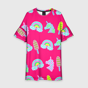 Детское платье 3D с принтом pop it радуга и единорог в Кировске, 100% полиэстер | прямой силуэт, чуть расширенный к низу. Круглая горловина, на рукавах — воланы | pop it | антистресс | детский | единорог | игрушка | лопать | мороженое | поп ит | пупырка | радуга | радужный | разноцветный | розовый | фуксия | шарики