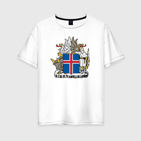 Женская футболка хлопок Oversize с принтом Герб Исландии в Кировске, 100% хлопок | свободный крой, круглый ворот, спущенный рукав, длина до линии бедер
 | бык | герб | грифон | дракон | исландии | исландия | коровы | красный | линии | орел | пастух | синий | флаг