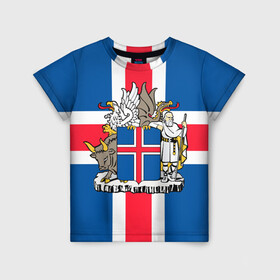 Детская футболка 3D с принтом Флаг и Герб Исландии в Кировске, 100% гипоаллергенный полиэфир | прямой крой, круглый вырез горловины, длина до линии бедер, чуть спущенное плечо, ткань немного тянется | бык | герб | грифон | дракон | исландии | исландия | коровы | красный | линии | орел | пастух | синий | флаг